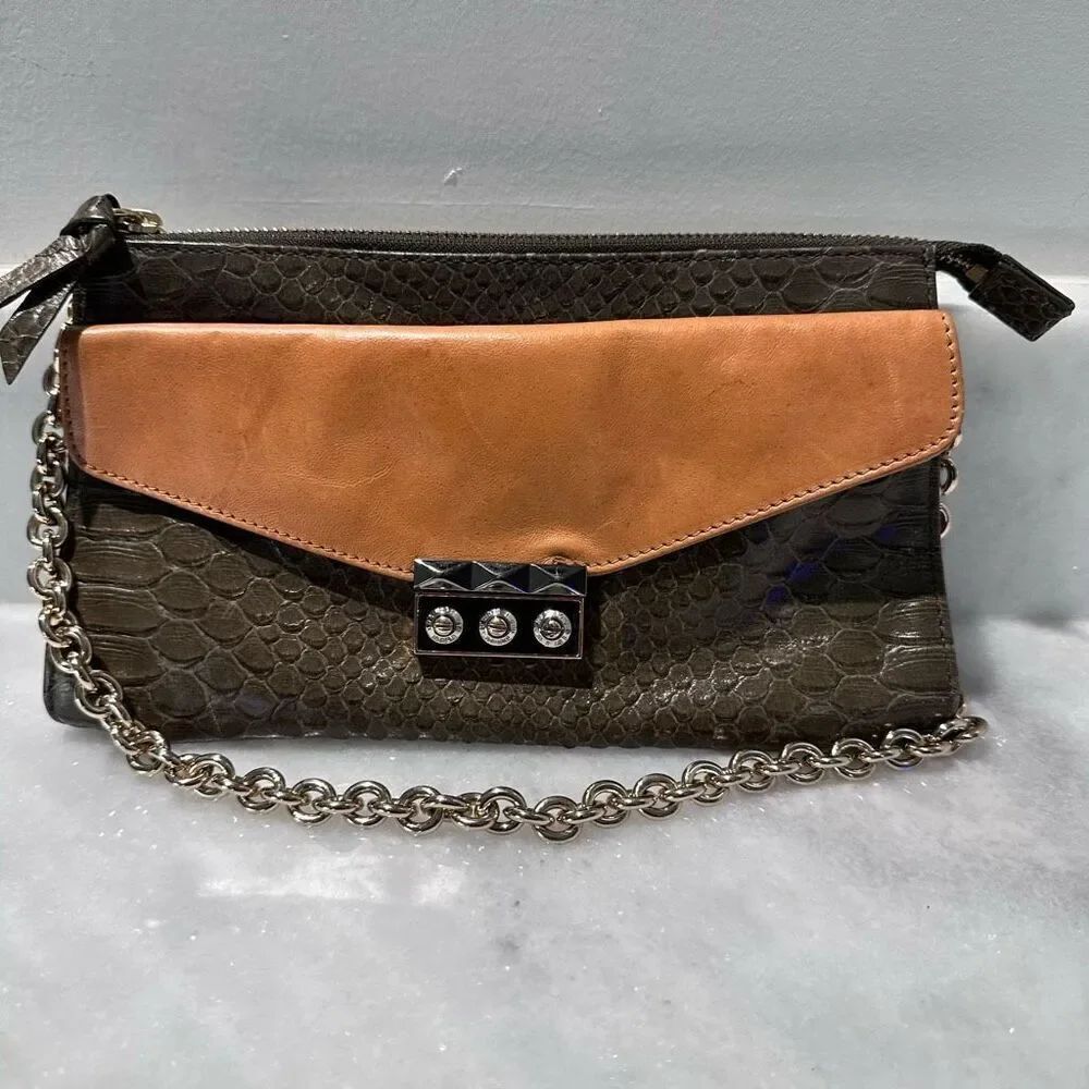 Vintage Henri Bendel Green Crocodile and Camel Leather Clutch with Gold Chain